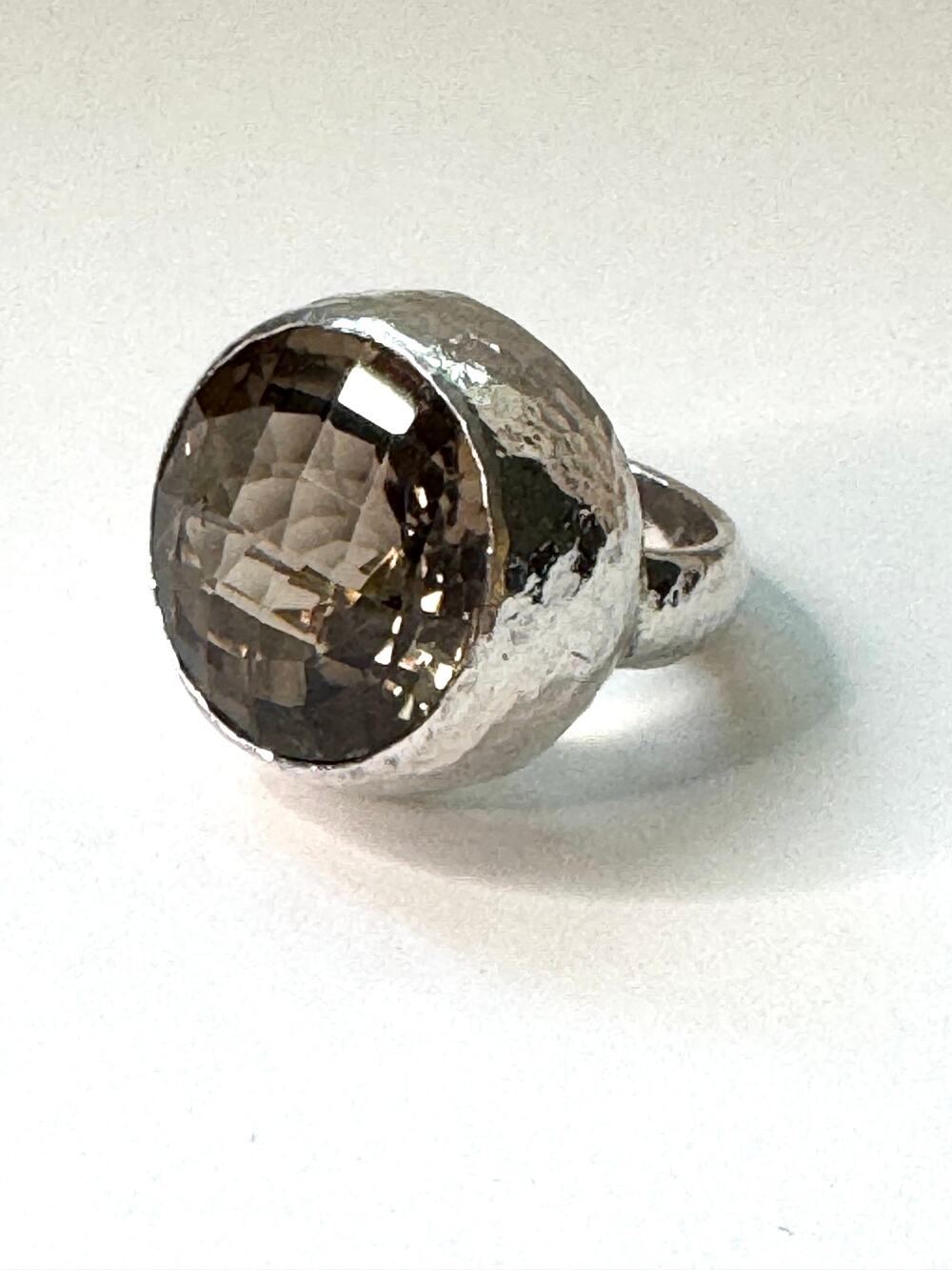 Smokey Quartz Round Faceted Hand Hammered Sterling 925 Silver Ring US Size 8